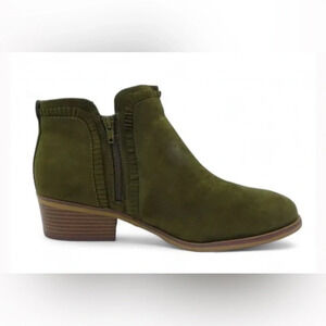 NWOB MIA Mable Vegan Suede Ruffle Block Heel Olive Green Ankle Booties